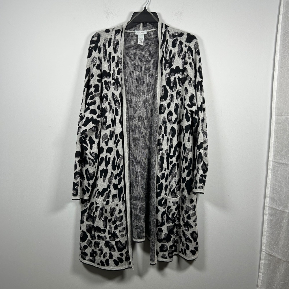 Catherines Cardigan Womens 1X Gray Black Animal Print Metallic Sweater Duster